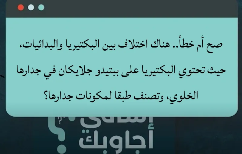 صح أم خطأ.. هناك اختلاف بين البكتيريا والبدائيات، حيث تحتوي البكتيريا على ببتيدو جلايكان في جدارها الخلوي، وتصنف طبقا لمكونات جدارها؟
